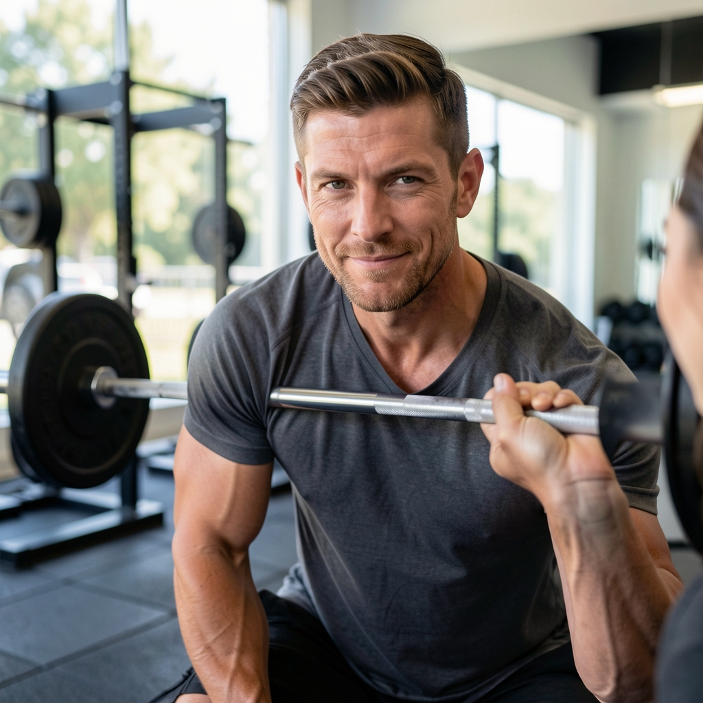 Fitness coach demonstrating deadlift technique to a client in a well-lit private training studio with rubber flooring and barbell equipment