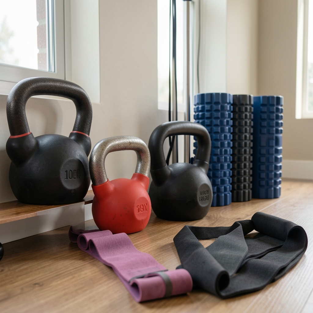 Close-up of organised fitness equipment including kettlebells, resistance bands, and foam rollers neatly arranged along the wall of a private coaching studio