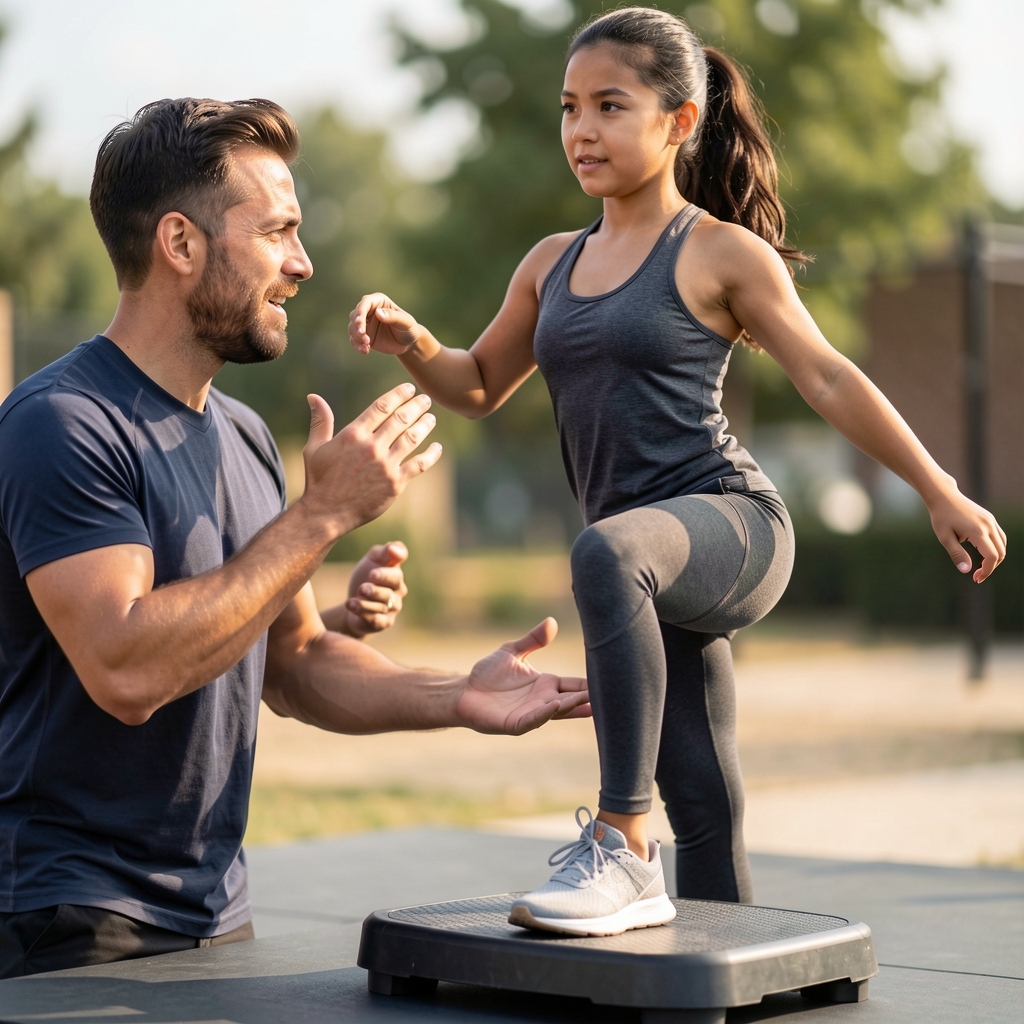 Coach and client in a one-to-one session, client performing a single-leg balance drill on a stability platform with the coach providing verbal cues in a controlled studio setting